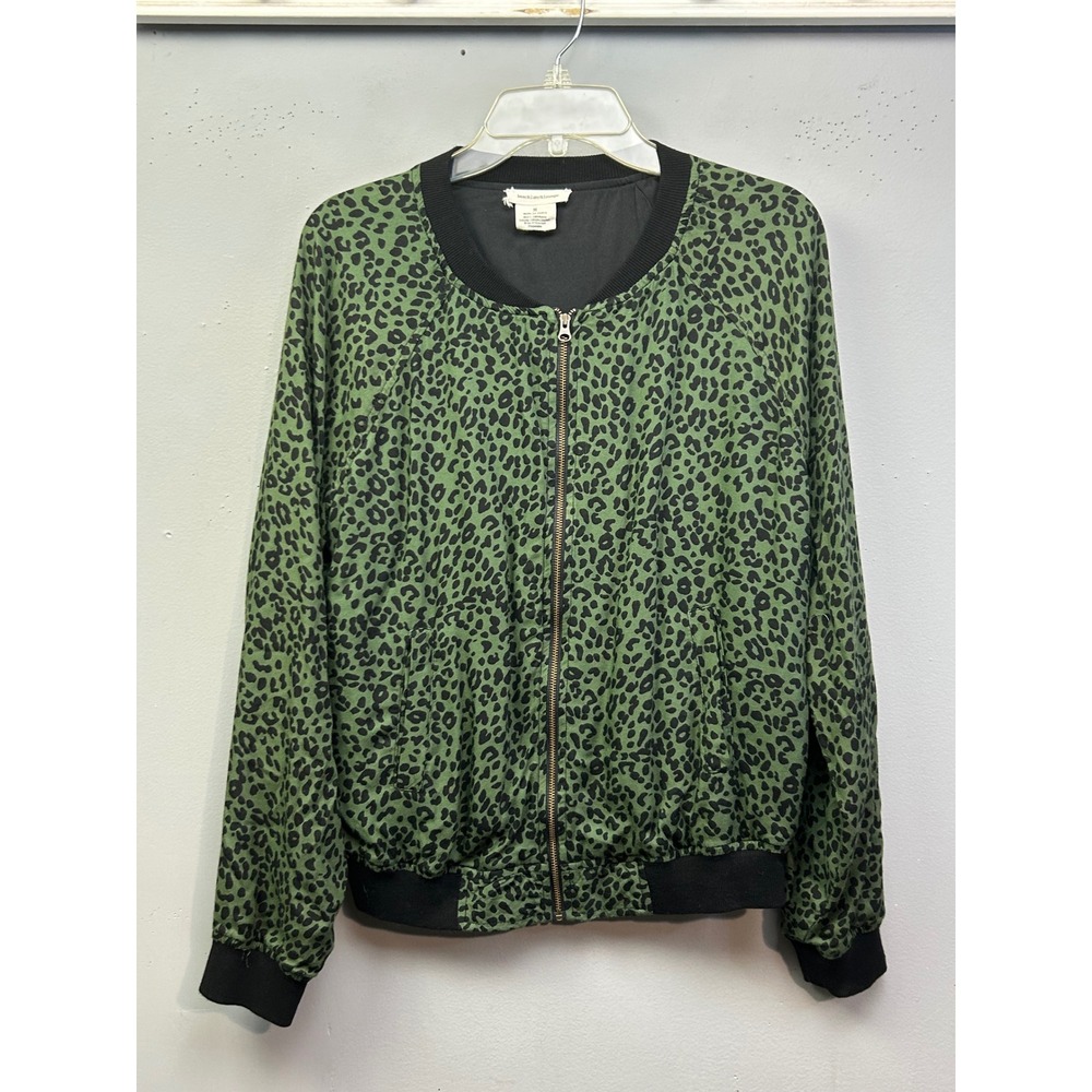 beachlunchlounge Bomber Jacket Women Medium Green Leopard Wakanda Full Zip Rayon